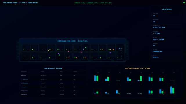 Monitoring a cloud infrastructure node with glowing status indicators within a dark digital environment displaying real time server data metrics across a complex networking dashboard interface