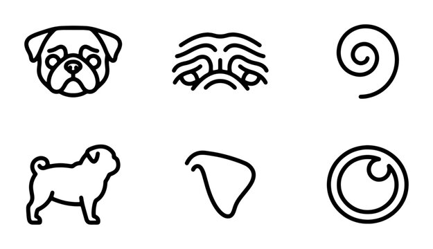Pug Dog Icons, Vector Graphics, Cute Pet Faces, Simple Line Art, Animal Emblems