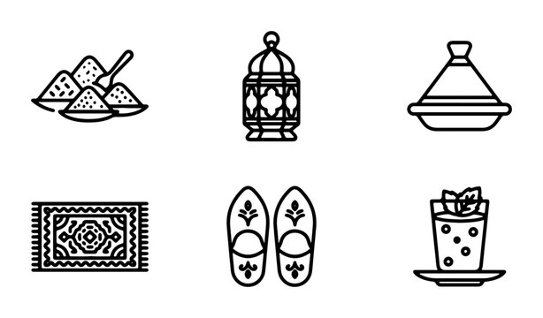 Moroccan Icons Set: Spices, Lantern, Tagine, Rug, Slippers, Tea, Vector Graphics