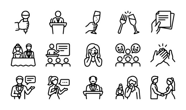 Celebration and Event Icons: Wedding, Speech, Toast, Applause, Presentation Vector Set