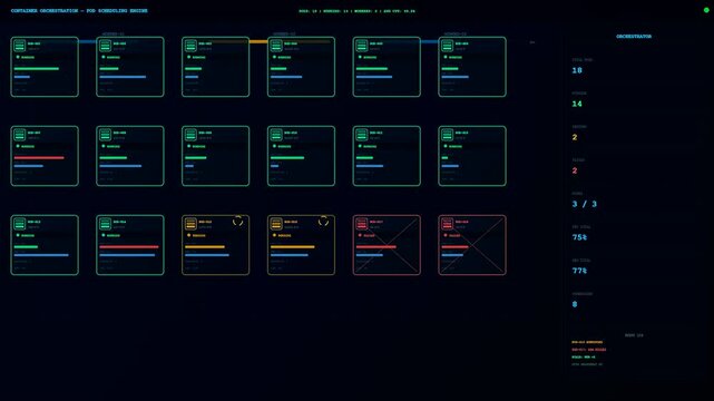 A digital cloud infrastructure node display shows multiple status bars and interface panels tracking system performance metrics within a dark virtual computing monitoring environment software screen