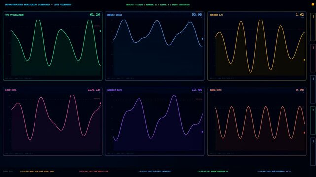A cloud infrastructure node display shows live data graphs moving across dark monitors providing real time metrics for server performance and complex system activity monitoring analysis