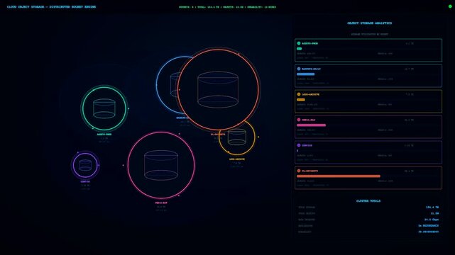 A digital cloud infrastructure node interface displays network data analytics in a dark virtual dashboard with glowing circular charts representing connected storage server memory nodes