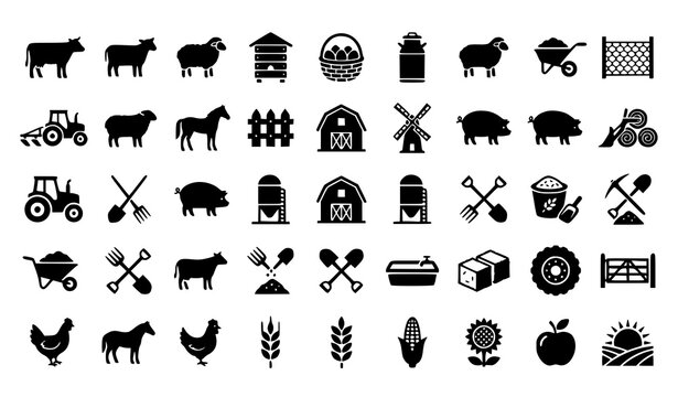 Farm animals equipment and tools icon set with cow sheep horse tractor barn and fencing vector collection