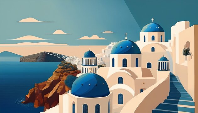 minimalist santorini travel poster blue domes flat