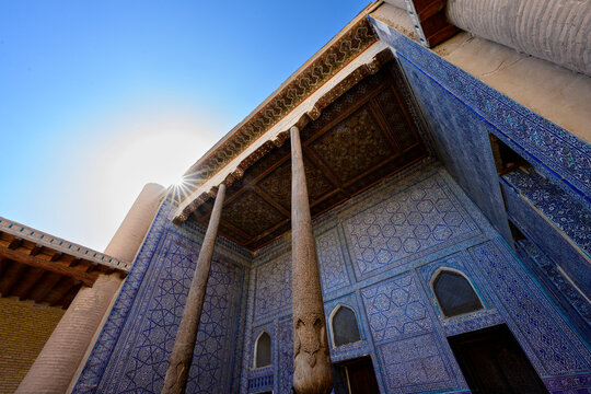 Kurnysh Khan Palace Aiwan Loggia with Blue Majolica Tiles in Konya Ark Palace, Khiva, Uzbekistan