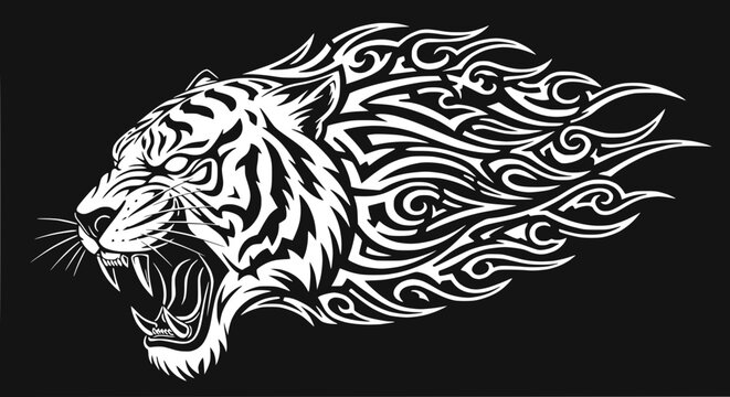 Tribal tattoo of angry tiger head.