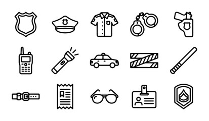 Police Icons Set: Law Enforcement Symbols, Security Gear, Justice Elements, 15 Vector Graphics © Rukaiya