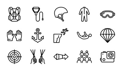 Adventure Sports Icons Set: Skydiving, Climbing, Action Camera, Safety Gear, Vector Graphics © Afsana