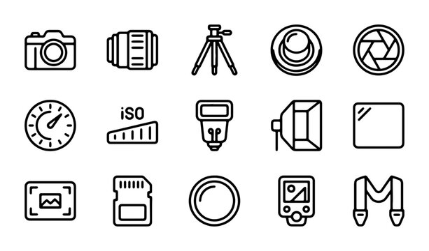 Photography Icons Set, Camera Gear Vector Graphics, Digital Imaging Tools Collection