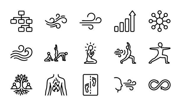 Yoga and Wellness Icons: Breathwork, Growth, Connection, Flow, and Health Concepts