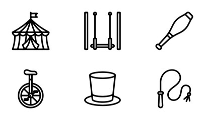 Circus Icons: Tent, Trapeze, Club, Unicycle, Top Hat, Whip, Vector Set © Afsana