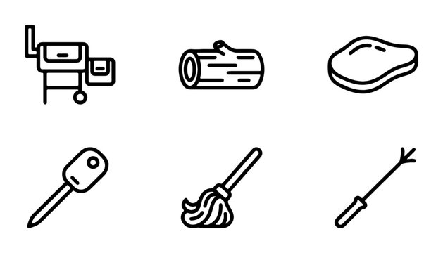 Barbecue Grill, Wood Log, Steak, Basting Brush, Mop, Skewer Icons: Outdoor Cooking & Grilling Vector Set