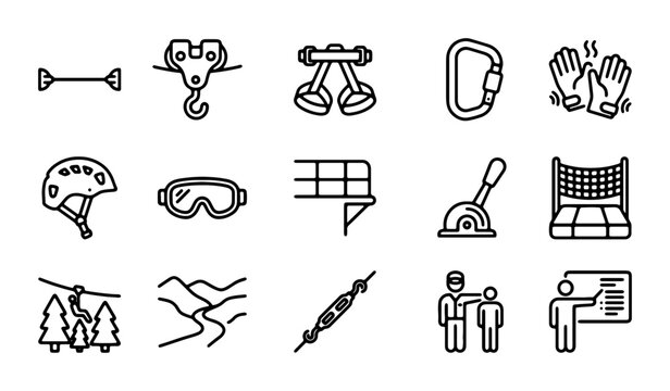 Outdoor Adventure Icons: Zipline, Climbing, Safety Gear, Sports Equipment Vector Set