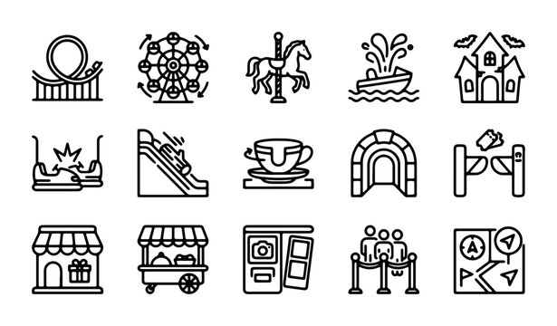 Amusement Park Icons Set: Thrill Rides, Games, Food Stalls, Vector Graphics for Entertainment