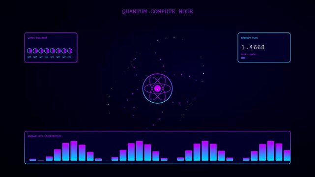 a glowing cloud infrastructure node interface shows shifting atomic structures with numerical data points and fluctuating probability distribution bar charts across a dark computer monitor screen