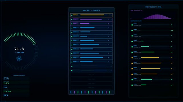a glowing cloud infrastructure node dashboard displays real time digital telemetry data with neon circular gauges and analytical progress bars on a dark computer terminal screen