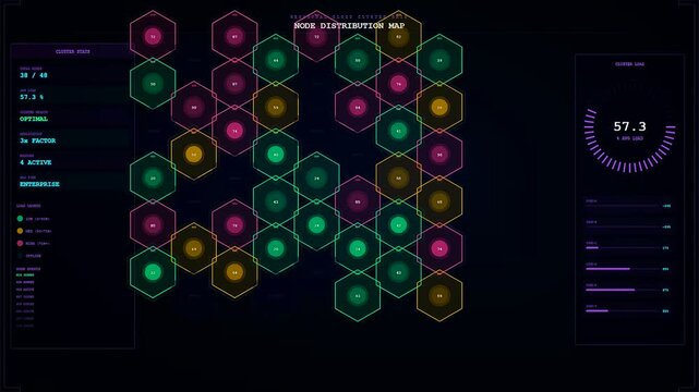 A cloud infrastructure node dashboard displays glowing digital geometric hexagonal patterns that pulse with vibrant neon lights across three simulated software interfaces to track data flow