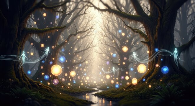Magical forest with glowing orbs floating.
