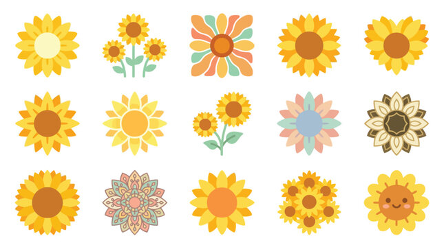 Collection of various stylized sunflower illustrations in different shapes and colors, featuring a retro aesthetic.