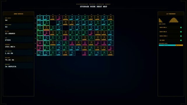 A digital cloud infrastructure node display shows complex analytical data streams across three distinct interface panels featuring vibrant neon grids and glowing software monitoring system metrics