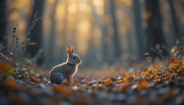 Tiny rabbit in autumn forest, warm golden lighting, soft blur