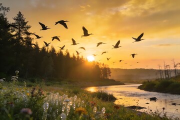 Obraz premium World Environment Day Golden sunrise over a tranquil river with birds soaring, celebrating pristine nature and ecological harmony