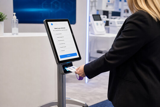 A person stands in front of a digital check-in kiosk at an expo. The individual scans a badge and selects options on the screen. The setting has a modern design with exhibition displays.