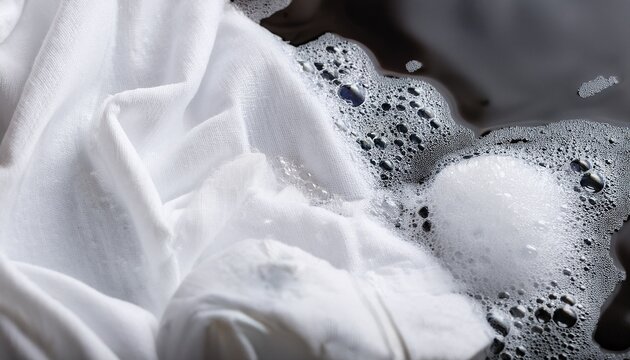 close up of abundant white foam bubbles overflowing from a white cloth during laundry process with excessive detergent gebruik