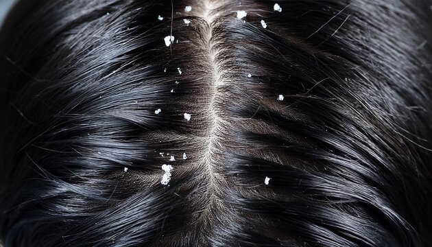 close up of black hair with dandruff on the scalp