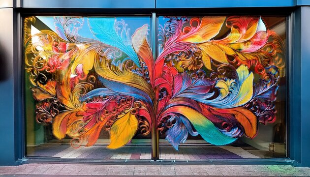 colorful self adhesive vinyl film wrapped around a modern store window cut into intricate designs by a precision cutting plotter device