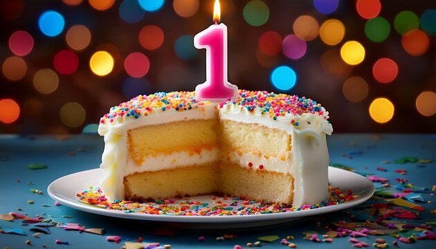 vibrant candle lying beside a sliced vanilla frosted sheet cake adorned with colorful sprinkles and a single lit first birthday candle