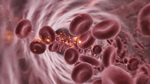 Cinematic ultra realistic 3D visualization of red blood cells traveling through the human bloodstream detailed erythrocytes with smooth organic motion carrying glowing oxygen particles through translu