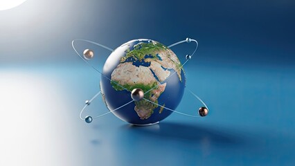 Naklejka premium Conceptual globe with orbiting spheres depicting global science and data