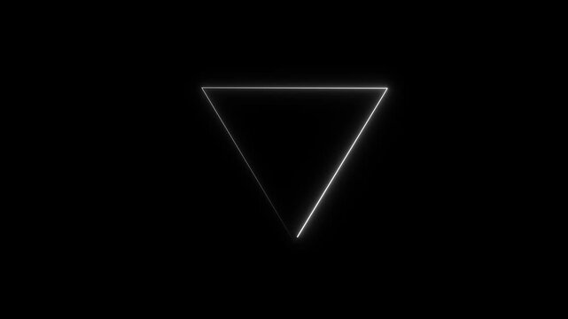 Set of neon glowing inverted triangle icons in green, white and red colors on black background.