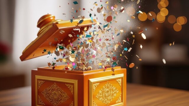 Wooden box opening with exploding confetti festive celebration concept