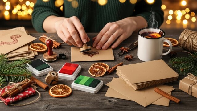 Crafting hands stamping greeting cards with ink and decorations on wooden table