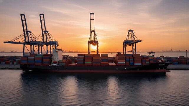 A large cargo container ship, fully loaded with colorful freight, docked at a busy commercial port with towering cranes silhouetted against a dramatic orange sunset, representing global trade.