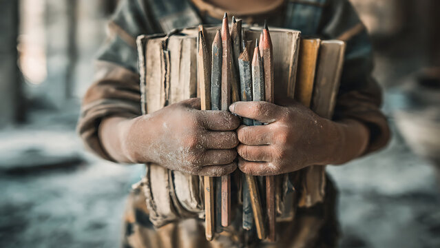 Child holding pencils and old books for World Day Against Child Labour