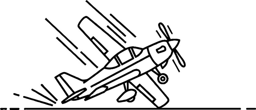 Vintage biplane in turbulent flight with propeller spinning.