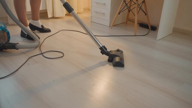Vacuuming hardwood floor inside bright house homeowner moves canister vacuum across laminate surface, curtainlit room, chair legs, visible cord, socks, gentle sunlight creates warm reflection, calm