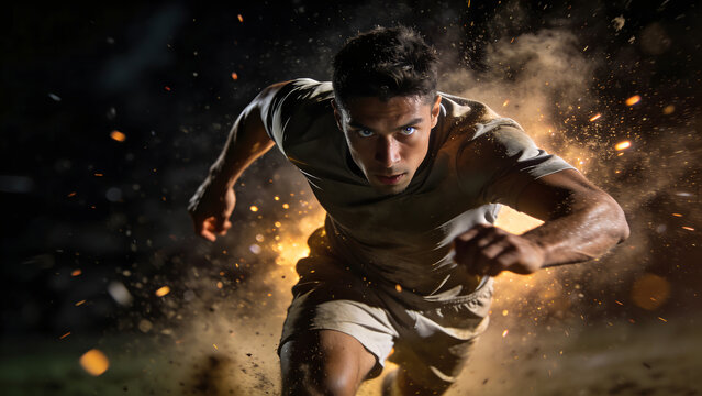 Action-packed portrait of a professional player with a fierce expression amidst flying debris and smoke, symbolizing the raw energy and grit required in high-stakes competitive sports