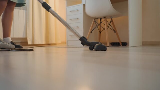Vacuuming wooden floor in house with lowangle view showing vacuum head gliding across laminate near chair and curtains, person in sneakers pushing cleaner in warm morning light, tidy interior