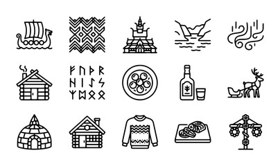 Nordic Icons Vector Set: Viking Ship, Igloo, Log Cabin, Aurora, Runes, Sweater, Food © Sirajul