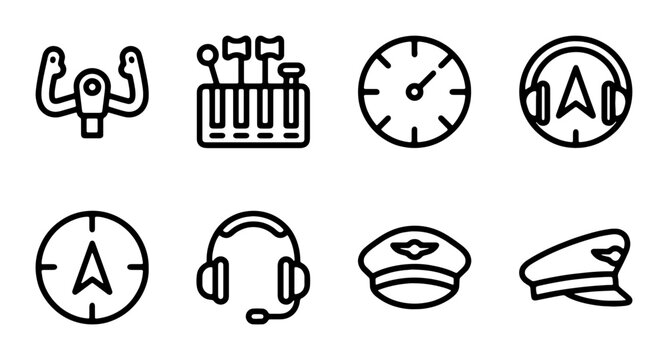 Pilot Aviation Icons Set: Control Yoke, Compass, Headset, Cap, Gauge, Flags, Navigation Symbols