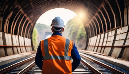 Fototapeta premium a railway engineer wearing a helmet and safety vest looking at the tunnel construction site from behind his back photo taken in the style of provia