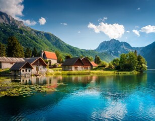 Obraz premium beautiful village by the lake with mountain montenegro