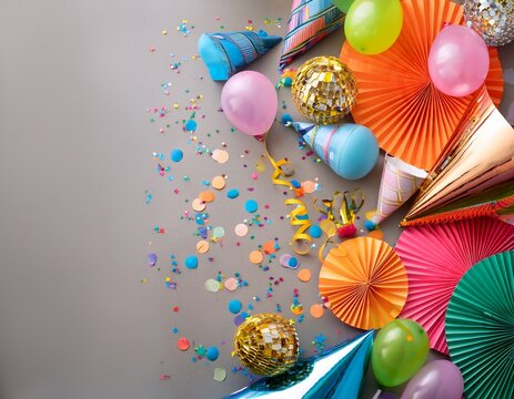 a vibrant horizontal composition of assorted colorful balloons party hats and honeycomb balls scattered with confetti against a neutral grey background
