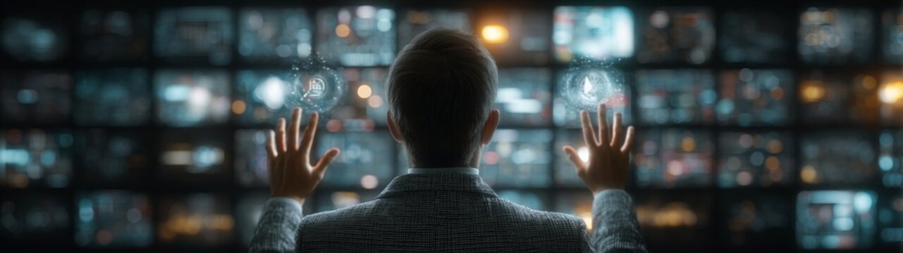 Cyber convergence: the fusion of intelligence and digital media. Ai dashboards. Holographic dreams: immersive agi influence on media communication. Tech panels. Tech visualization.
