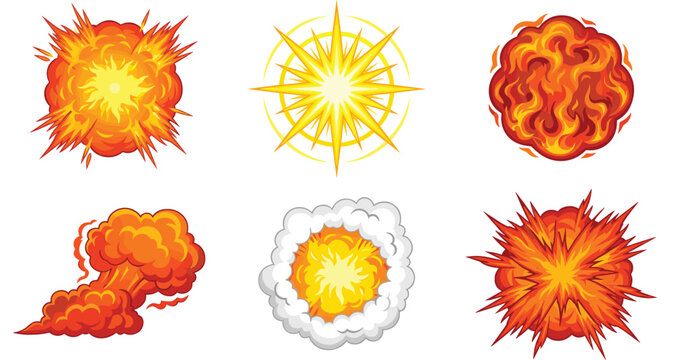 Cartoon explosion effect vector set with fiery bomb blasts mushroom clouds bright flashes smoke bursts comic book style energy dynamics and fireballs